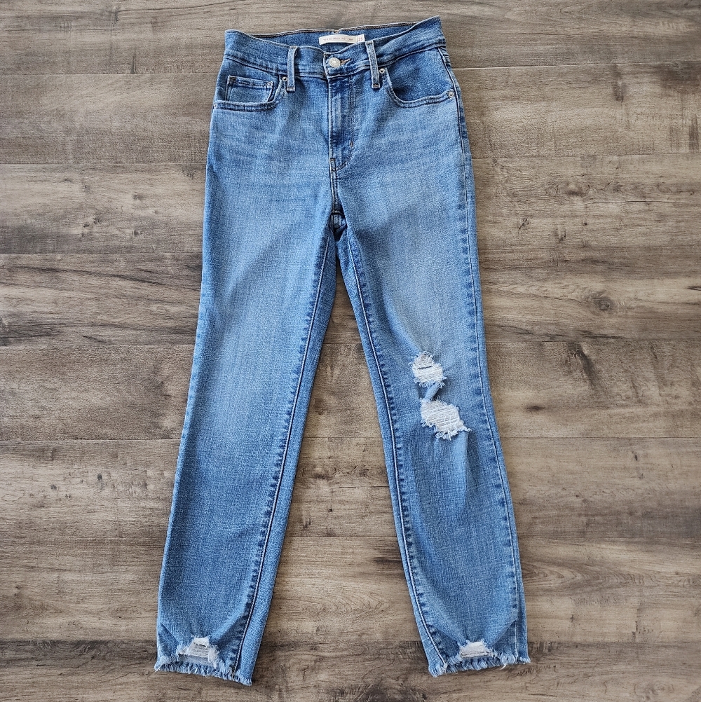 Levi's 724 High Rise Straight Crop Ripped Jeans Women's 25 Blue